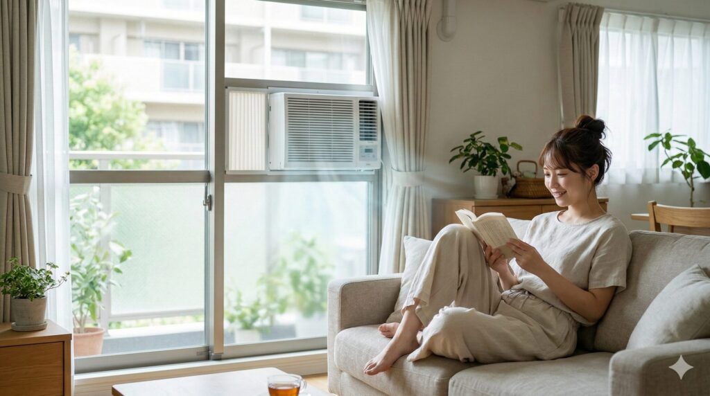 窓パネルエアコンが設置された涼しく快適な部屋でくつろぐ日本人女性

