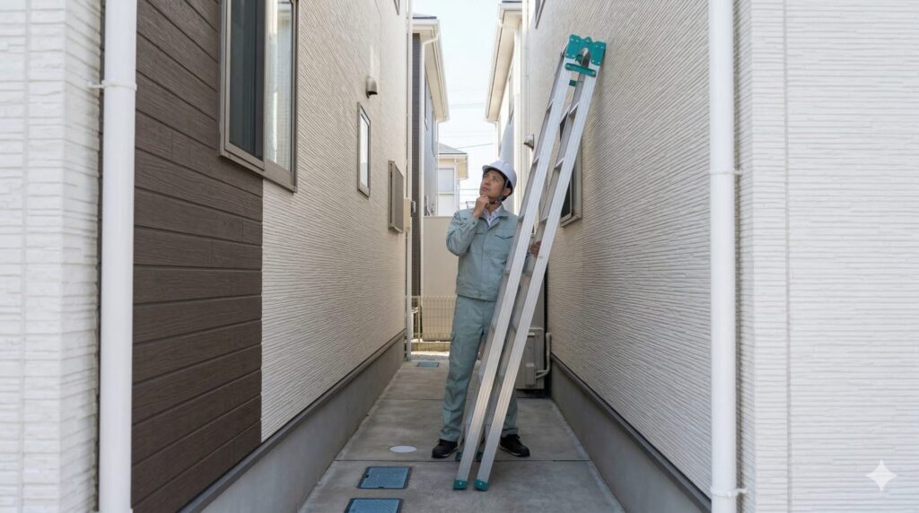 日本の狭小住宅の敷地で、隣家との境界が非常に狭く、大きなはしごを立てるスペースがなく途方に暮れるエアコン工事業者。