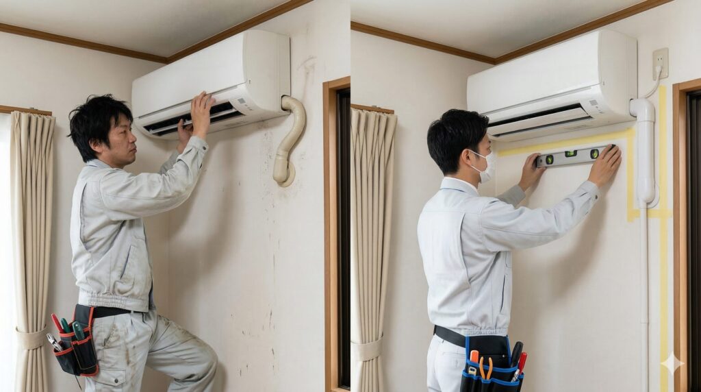 悪徳業者と優良業者のエアコン取り付け作業の対比。雑な作業員と丁寧な専門家が描かれている。