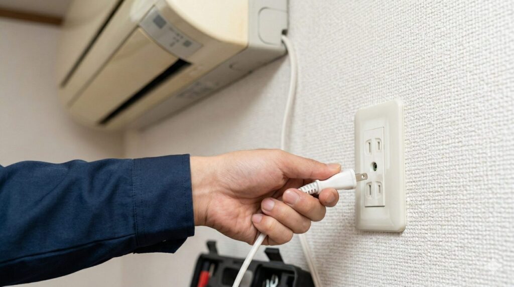 エアコンのDIY作業を始める前に、壁のコンセントから電源プラグを抜く日本人男性の手元。