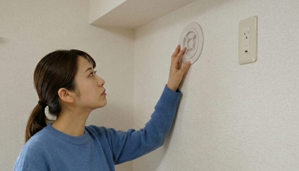 天井近くの壁にある、コンセントと木目調カーテンレールの近くの既存のエアコン配管穴(キャップ付き)を、立った状態で真剣に確認する日本人女性の入居者。