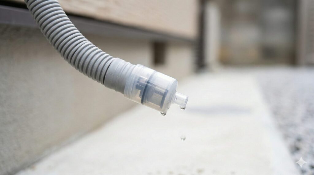 エアコンのドレンホース（排水ホース）の先端に取り付けられた、ゴキブリなどの害虫侵入を防ぐ逆止弁（エアカットバルブ）のクローズアップ写真。