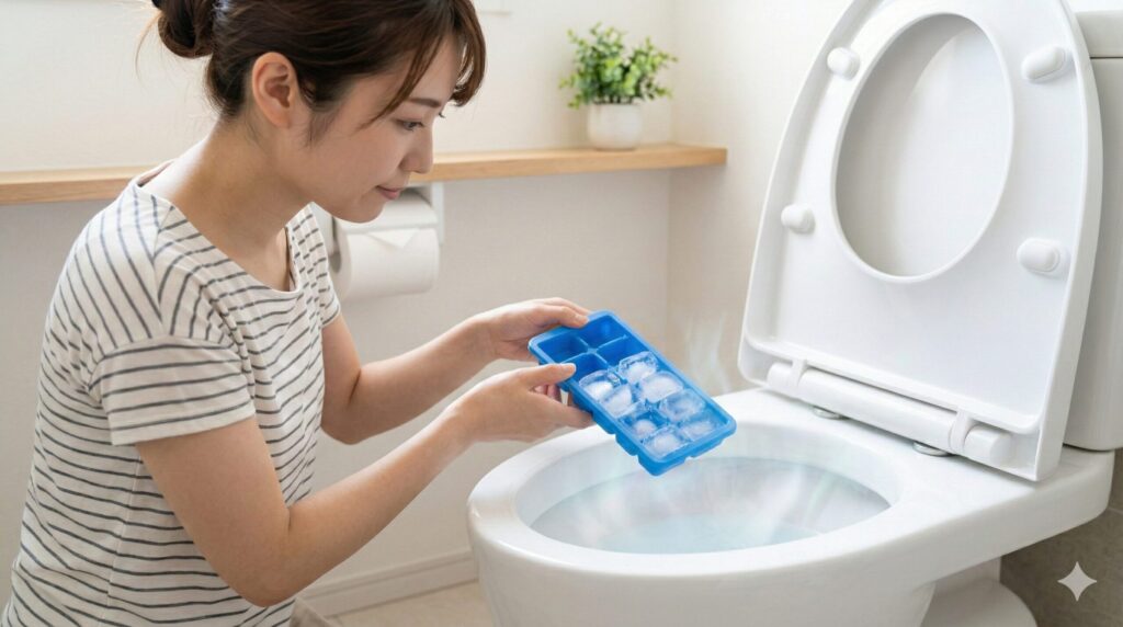 便器のひび割れ(サーマルショック)を防ぐため、一度に入れる氷の適量(製氷皿1〜2個分)を守る様子のイメージ。