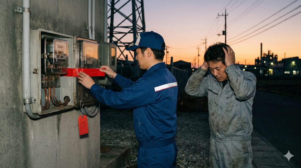 契約違反により電力会社から電気の供給を停止され、封印される工場と困惑する工場主