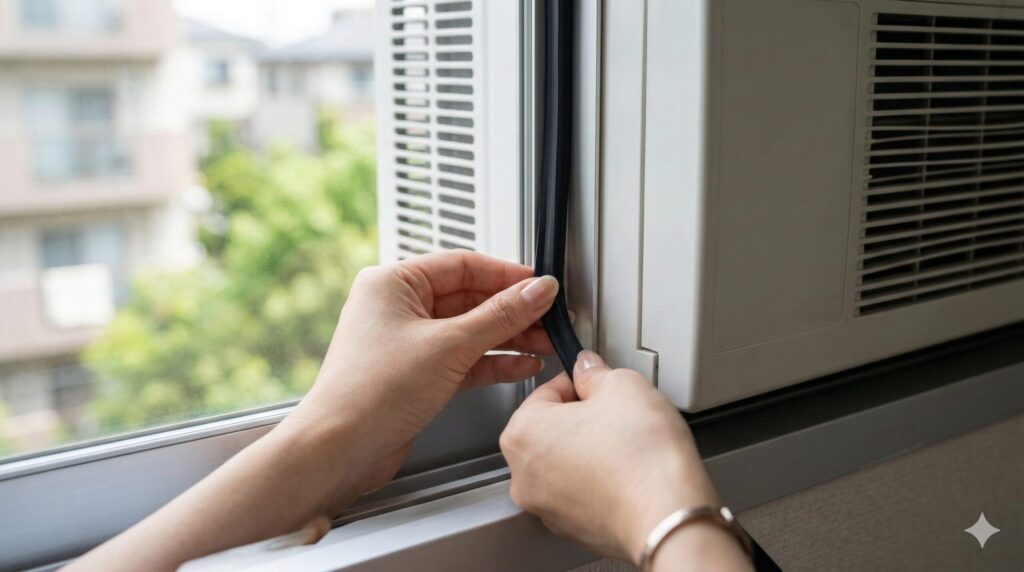 窓パネルエアコンの隙間風を防ぐために窓パッキンを隙間なく丁寧に取り付ける様子