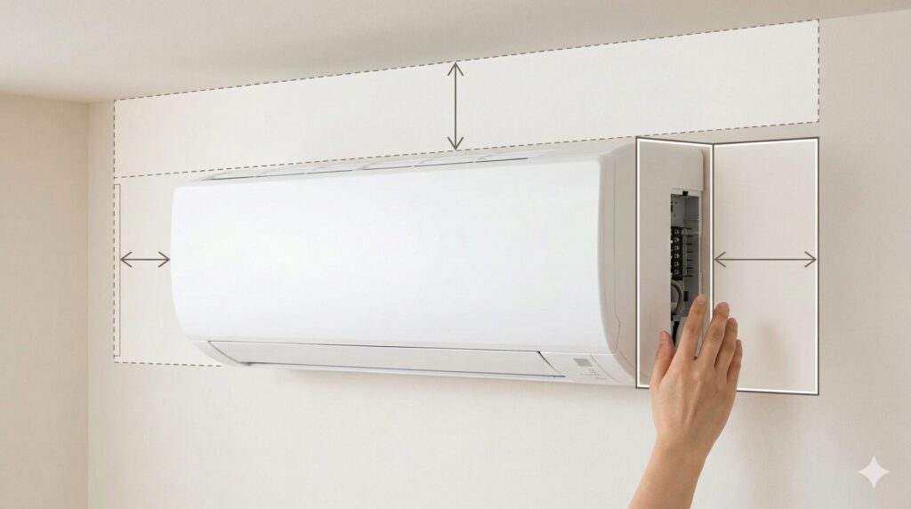 エアコン室内機の設置に必要なクリアランス(隙間)の図解写真。特に電装ボックスがある右側のサービススペース確保の重要性を視覚的に説明。