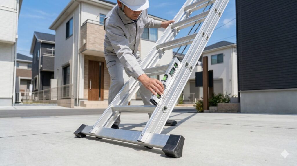 エアコン工事の現場で、はしごを安全な角度（約75度）に保つために、デジタルレベルで正確に測定し、安定した地面に設置する日本人作業員。