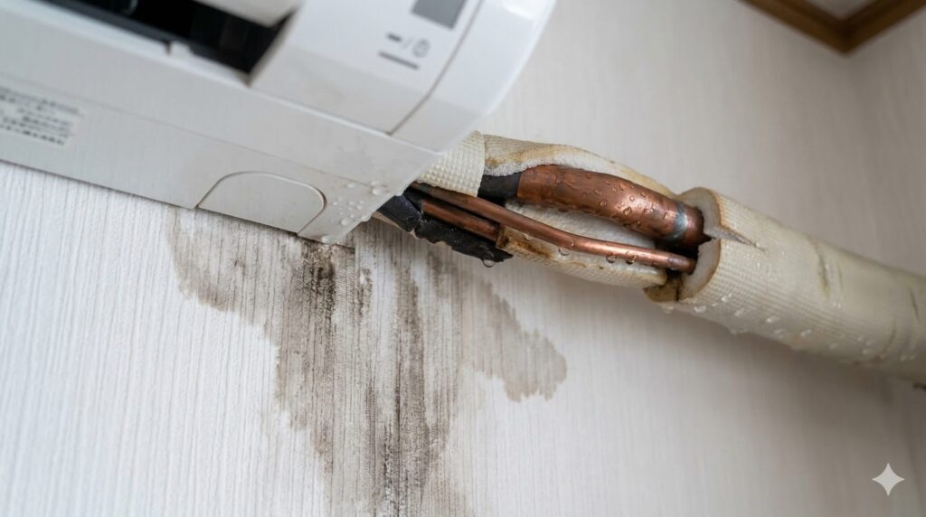 エアコンの配管接続部からの水漏れ。断熱処理不足による結露が原因で壁が濡れている。