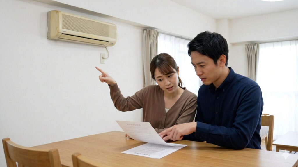 賃貸契約書の重要事項説明書を指差しながら、お部屋に設置されている古いエアコンが「設備」か「残置物」かを確認する日本人カップル。