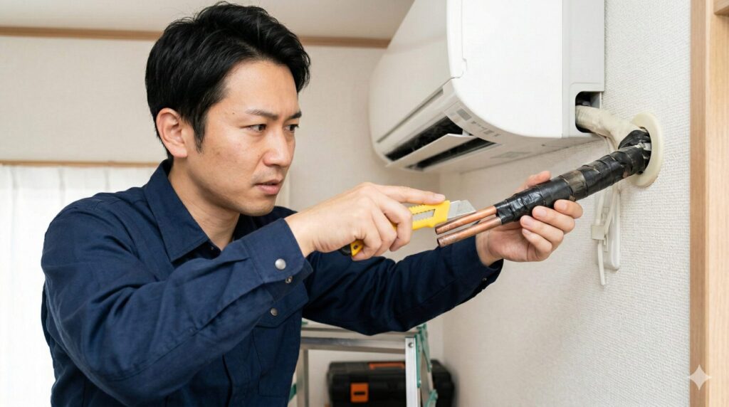 カッターナイフを使って配管のテープを切る際、銅製の冷媒管を傷つけそうになっている日本人男性。