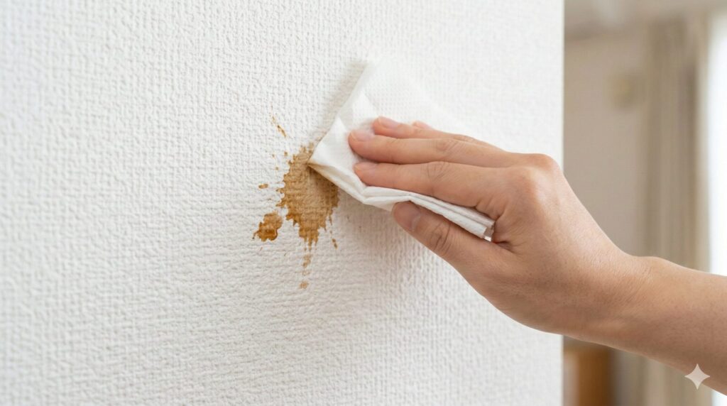 エアコンの茶色い液体で汚れた壁紙を、キッチンペーパーを使って「ポンポンと叩くように」優しく拭き取る、日本人の手の様子。正しい応急処置。