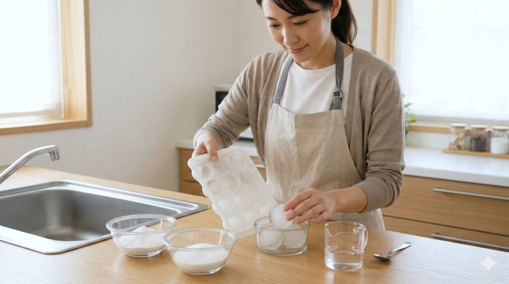 トイレ掃除用のシュワシュワ氷(重曹とクエン酸を凍らせたお掃除ボール)を自宅で作っている様子のイメージ。