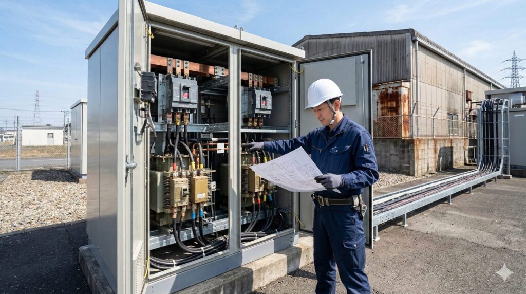 高圧受電設備(キュービクル)の前で点検を行う日本の電気主任技術者