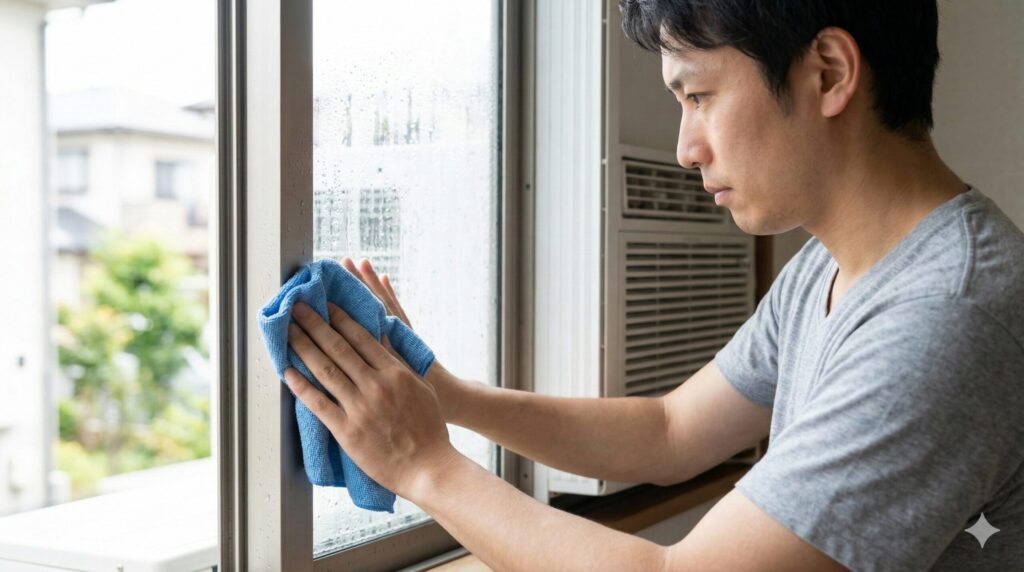 窓パネル周辺やサッシに発生した結露をマイクロファイバークロスで拭き取ってお手入れする様子
