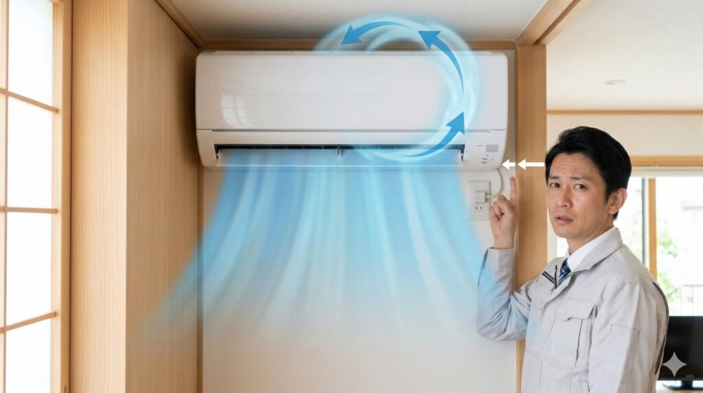 エアコンの横幅寸法が不足している場合のショートサーキット現象の仕組み。吹き出した空気がすぐに吸い込まれてしまう非効率な循環を視覚化。