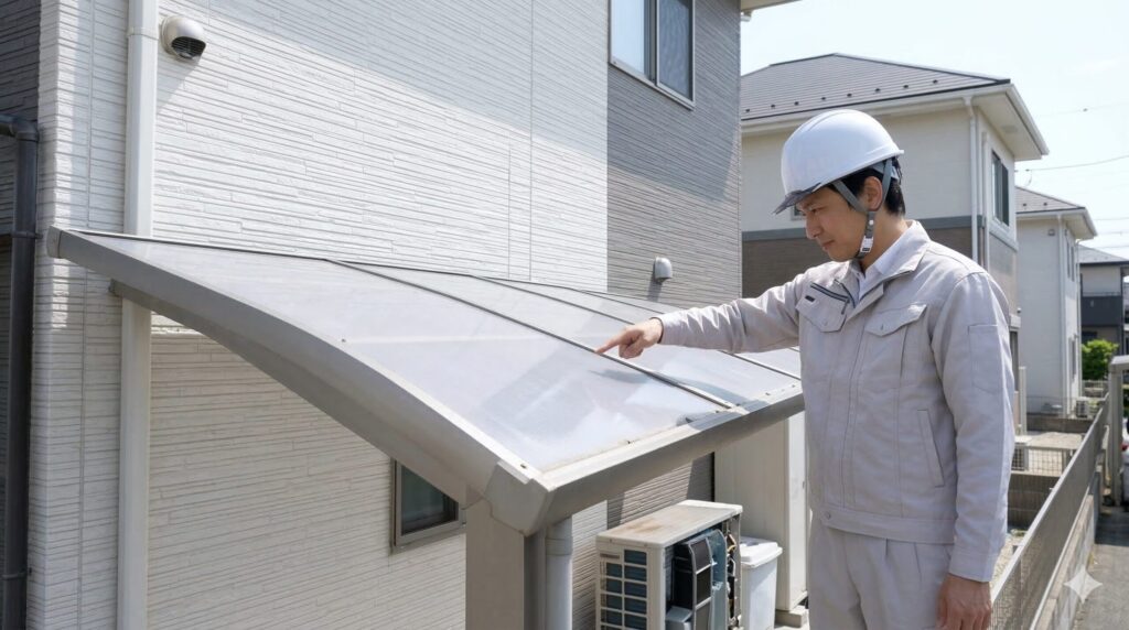 エアコン室外機が設置されている外壁の真下に、ポリカーボネート製のカーポートの屋根があり、はしごを立てるためのスペースを遮っている日本の住宅。