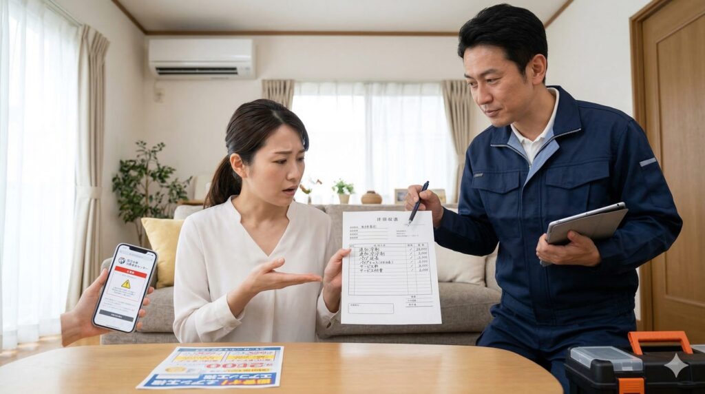 激安広告に釣られたものの、現場での追加料金請求に困惑する日本人女性。国民生活センターが注意喚起する手口。