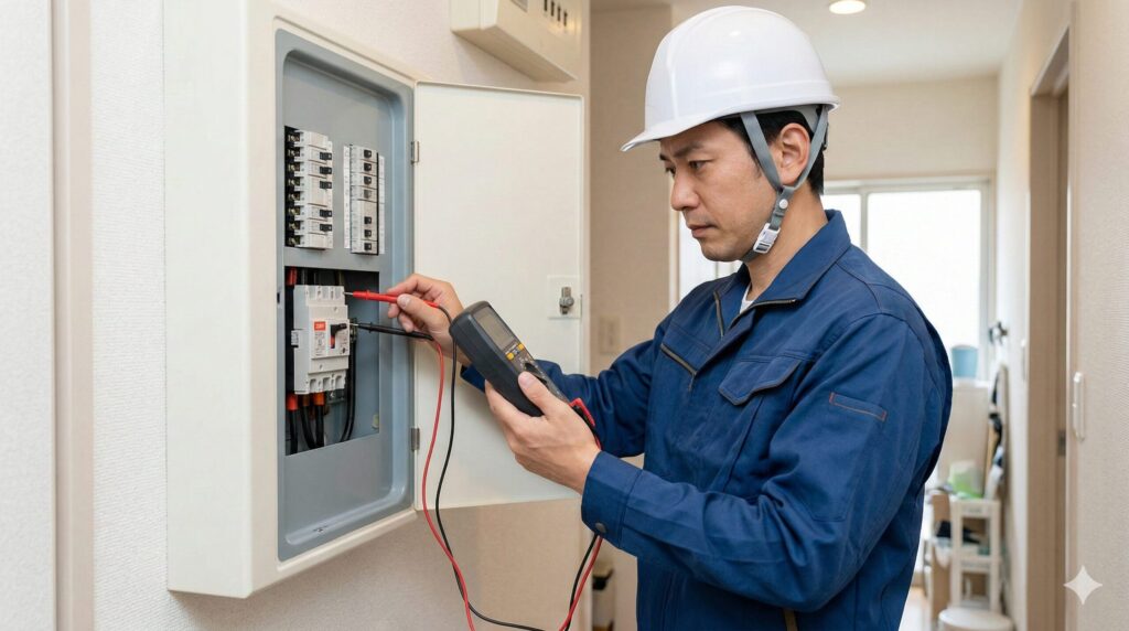 賃貸マンションの分電盤で、テスターを使ってエアコン用の200V電圧を確認するプロの電気工事士(日本人男性)。