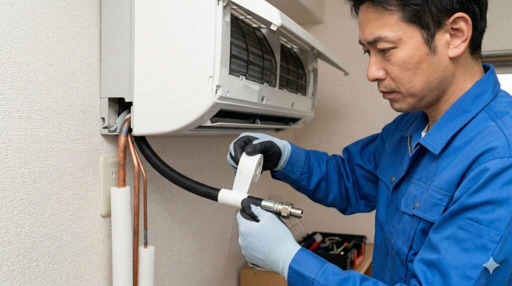 エアコン室内機の裏側で、冷媒管とドレンホースに個別に断熱材を巻き付ける日本人のプロ業者。