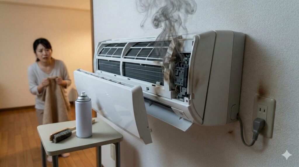エアコンの誤った内部洗浄が原因でショートし、本体から煙が出ている危険な状態の様子。火災事故のリスク。