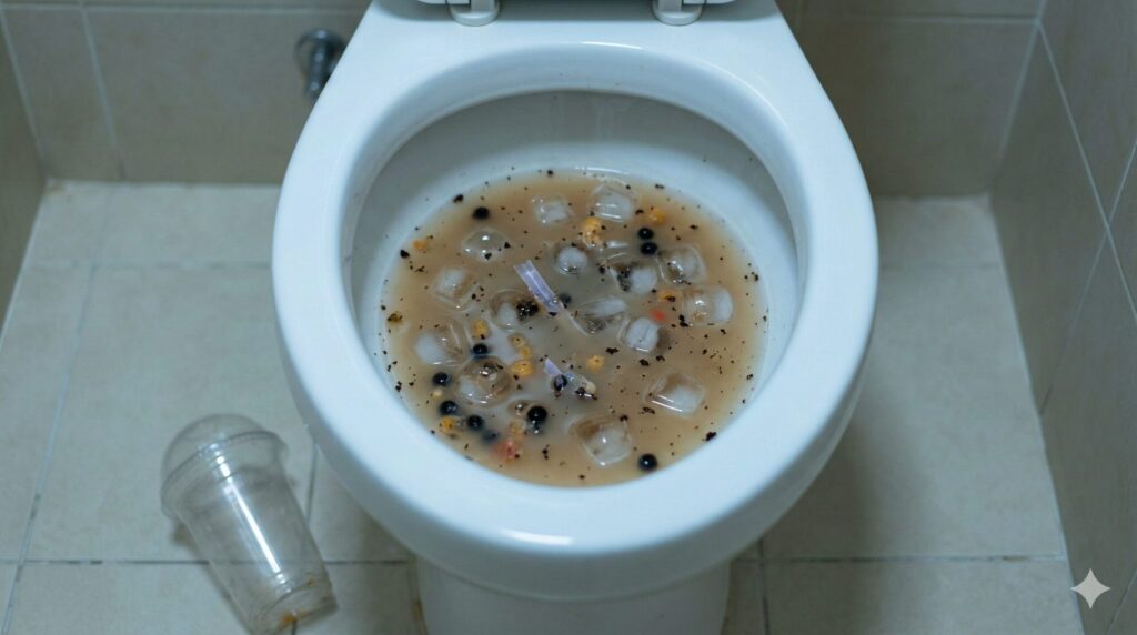 カフェの飲み残し(氷や固形物を含むドリンク)をトイレに流してしまい、詰まりが発生している便器内のイメージ。