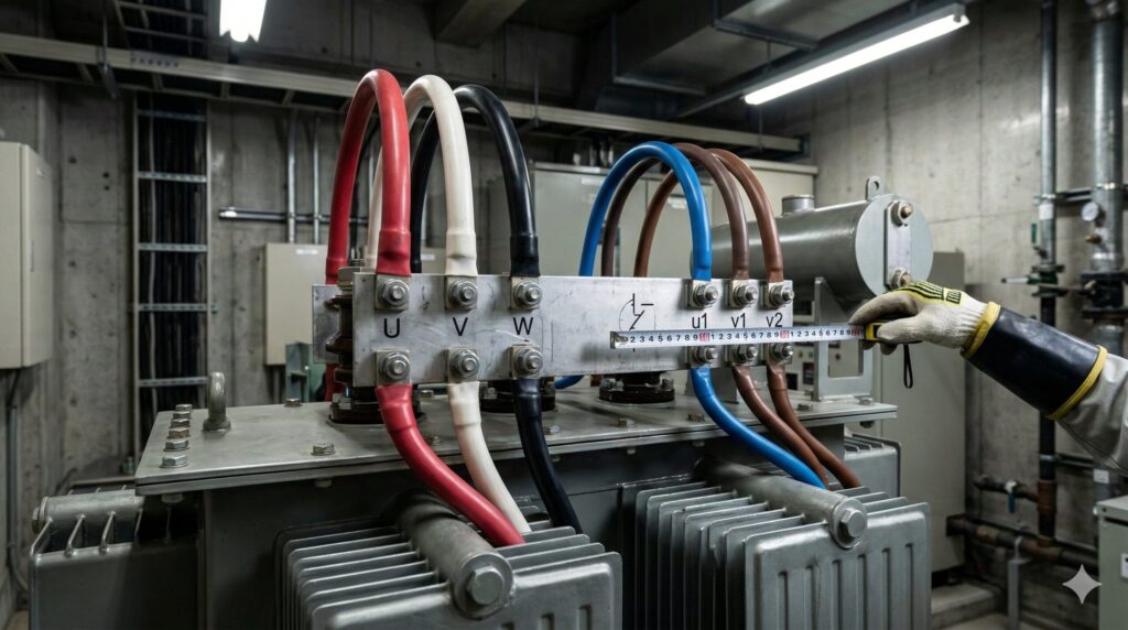 電気室に設置されたスコット結線変圧器(スコットトランス)の端子と配線