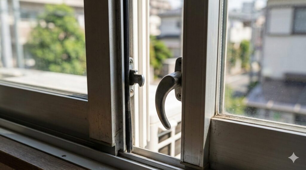 エアコン稼働時に窓を開けることで本来のクレセント錠がかけられず無防備になった状態