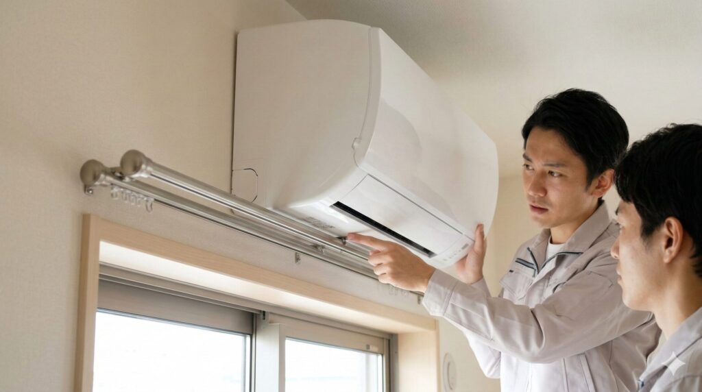 エアコン室内機とカーテンレールの立体的な干渉のリスク。エアコンの出っ張りとレールの突起が衝突し、正しく設置できない状態を示す写真。