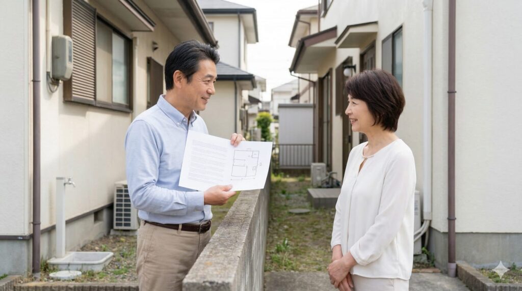 エアコン工事のために隣の土地の使用を請求する「隣地使用権」を説明する日本人施主。