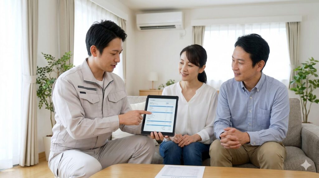 優良業者による丁寧な見積もり説明。施主(日本人夫婦)にタブレットを使って明確な費用内訳を提示している。