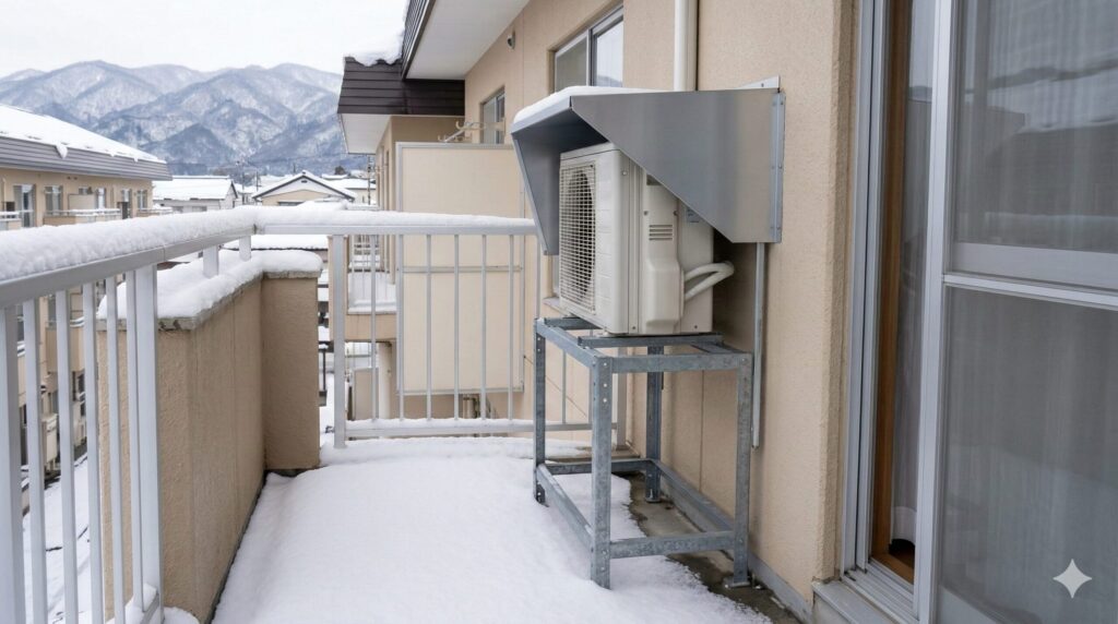 積雪のあるアパートのベランダで、高置台(一段架台)の上に設置されたエアコンの室外機。雪に埋もれないように対策されている。