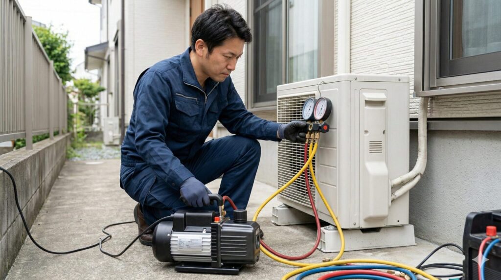 エアコン室外機の横で、真空ポンプを使って配管内の空気を抜く(真空引き)日本人の専門業者。