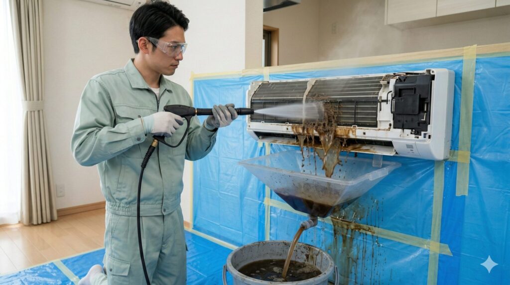 清潔な制服を着た日本人のプロの業者が、エアコンを分解し、高圧洗浄機で内部の汚れを徹底的に洗い流している様子。