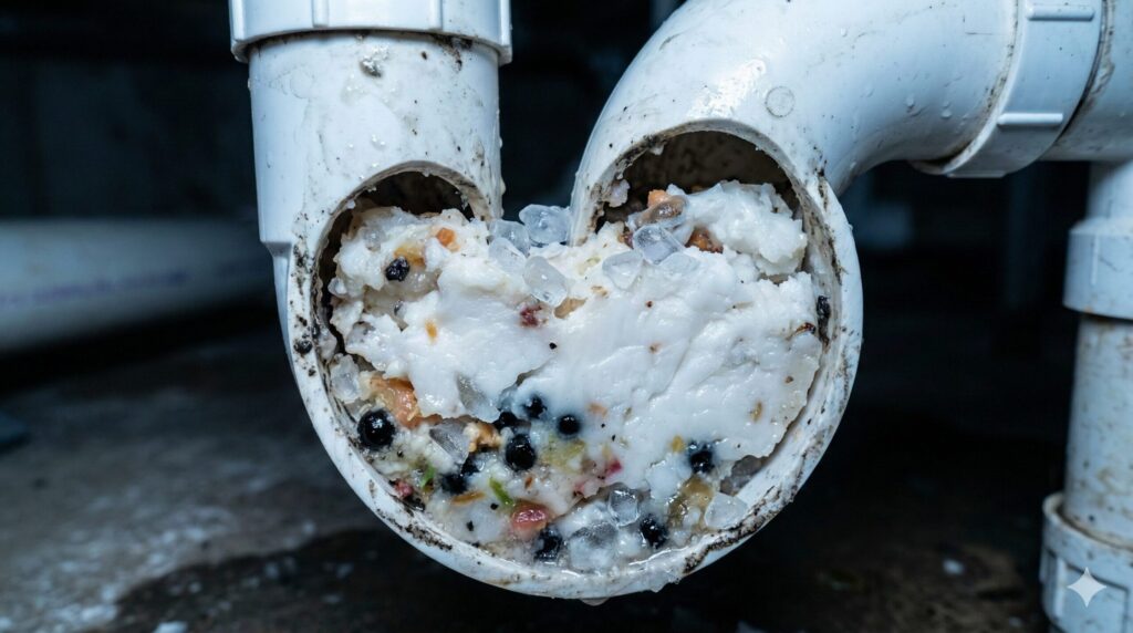 トイレの排水管内部が、飲み残しの油分と氷によって冷え固まった「ファットバーグ」で塞がれているイメージ。