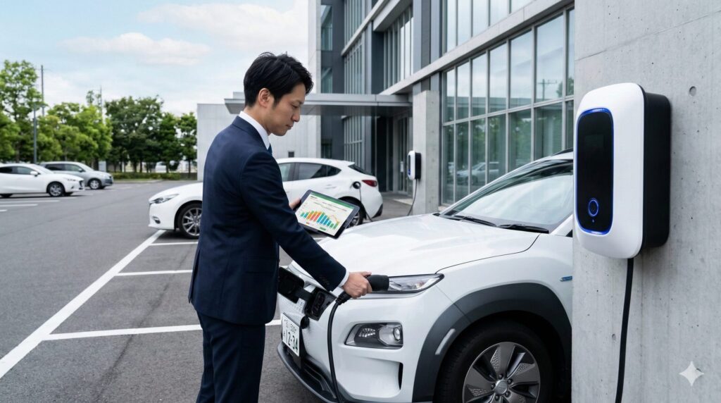 企業の駐車場でEMSを活用して社用EVへ計画的に充電する日本人の社員