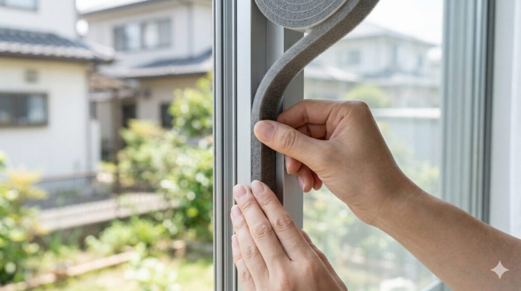 気密性を高め虫や雨水を防ぐために窓枠に市販の隙間テープを貼り付けるDIYの様子