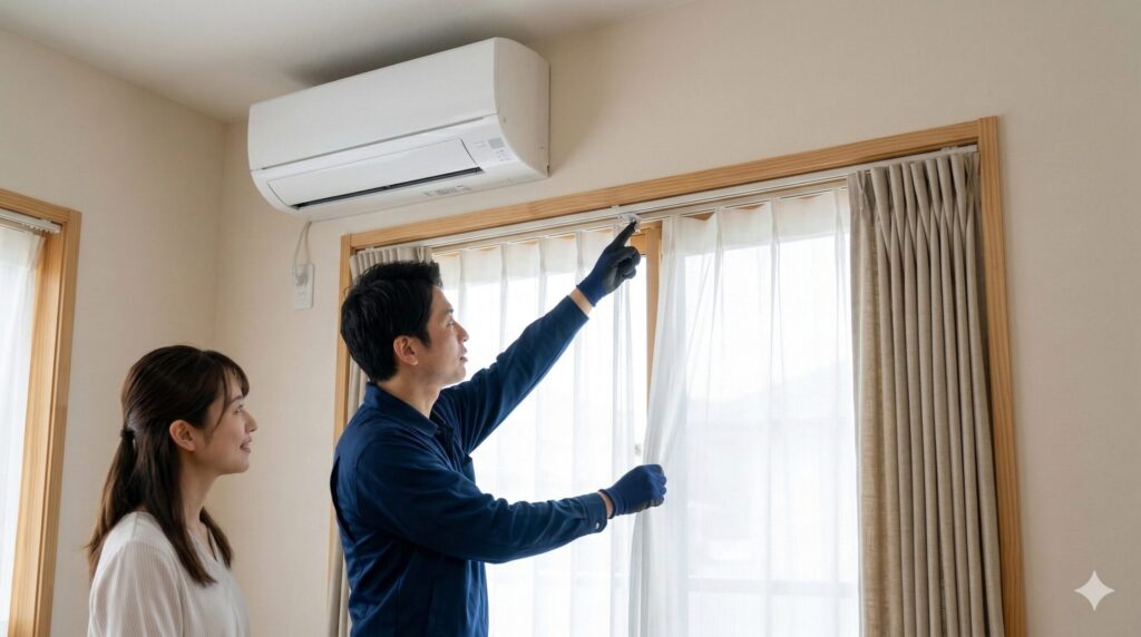 横幅ギリギリの空間へのインテリア的解決策。カーテンレールを壁ではなく窓枠(木枠)の内側(天井付け)に収め、干渉を避ける施工例。