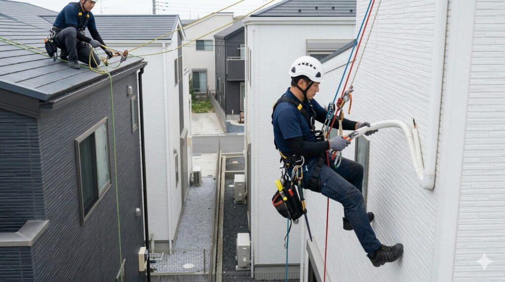 エアコン室外機をロープアクセスで設置する日本の3階建て戸建て住宅。