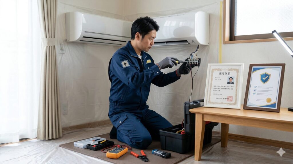 国家資格を持つ電気工事士によるエアコン設置作業。損害賠償保険の加入証書も傍らに置かれている。
