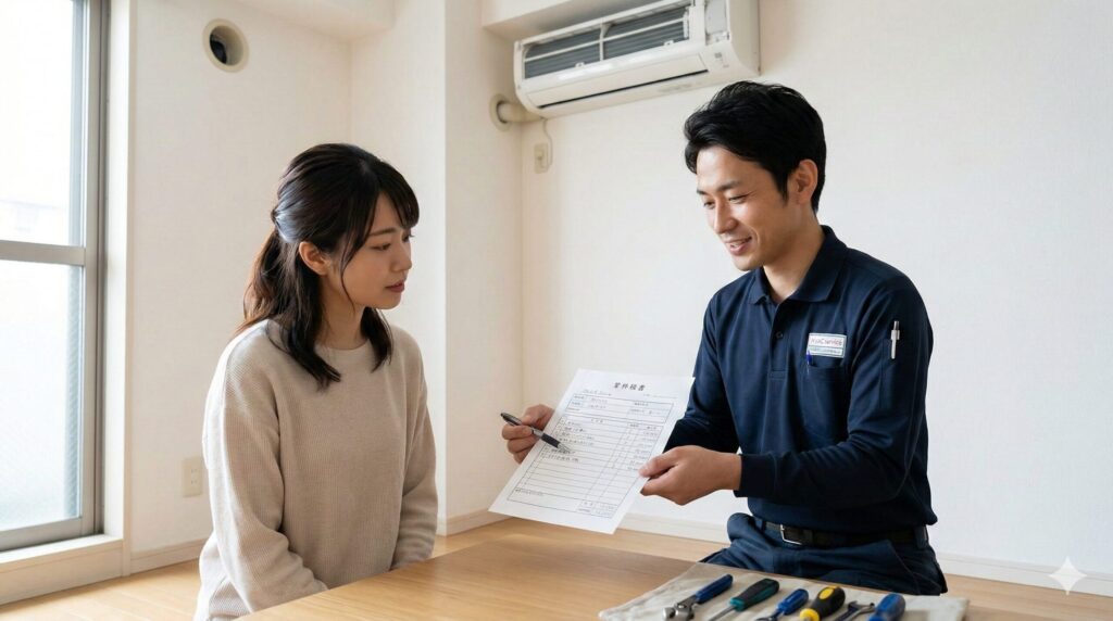 賃貸マンションの室内で、設置業者の日本人男性が、エアコン設置工事の見積書を日本人女性に提示し、費用について丁寧に説明している。