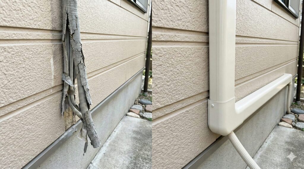 住宅の外壁に取り付けられた、ボロボロになった古いドレンホースと、新しく設置された綺麗な化粧配管カバーの比較。