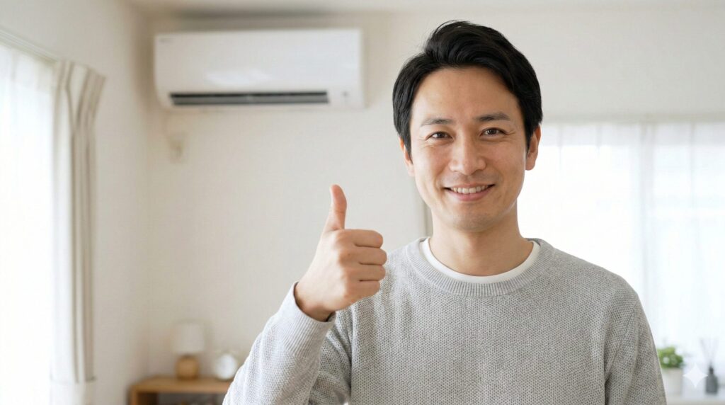 エアコンの茶色い液体漏れトラブルがプロの洗浄によって解決し、清潔になったエアコンの前で笑顔でサムズアップをする日本人の男性。安心した様子。