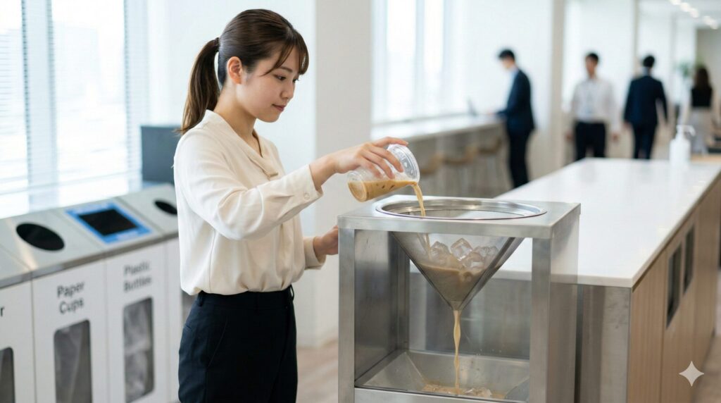 カフェやオフィスビルに設置された専用の「飲み残し回収ボックス」を使い、液体と氷を適切に処分しているイメージ。