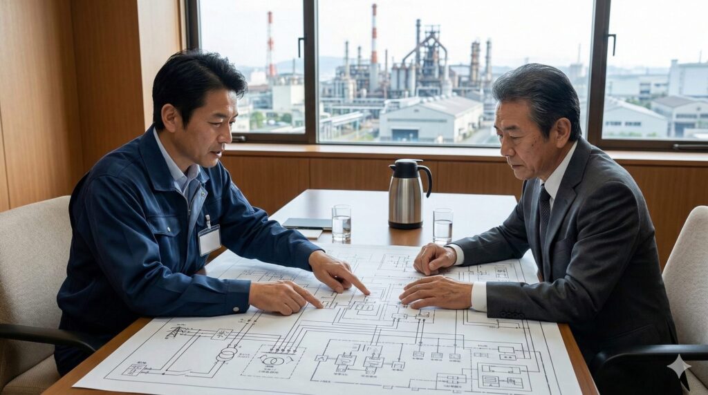 工場の電力設備図面を前に専門家から説明を受ける工場主