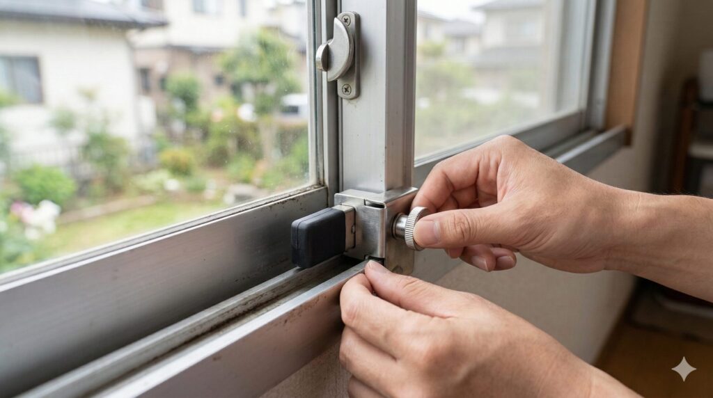 窓用エアコン使用中の防犯対策としてサッシ下部に補助錠を取り付けツーロックにする様子

