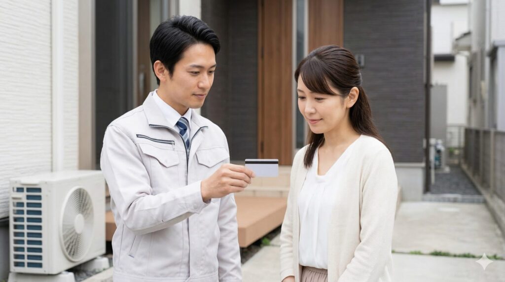 エアコン工事の相見積もりを取得する際に、複数の業者から事前の現地調査と費用の詳細内訳を比較する日本人施主。