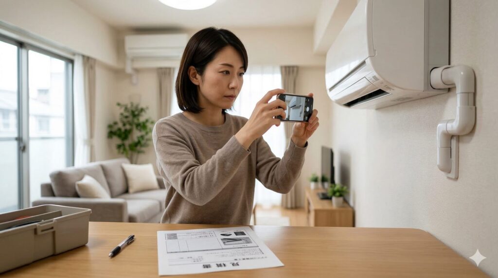 エアコンの設置工事後に、証拠としてスマートフォンで施工箇所や見積書を撮影して記録を残す施主。