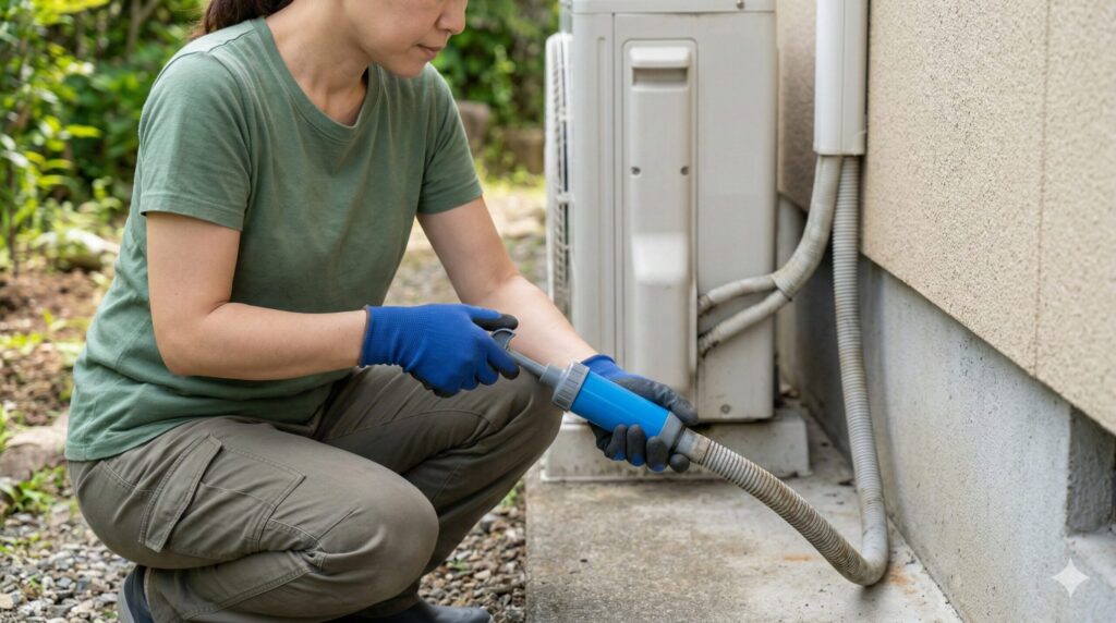 屋外のドレンホース先端にサクションポンプを差し込み、内部の詰まりを吸引する日本人女性。