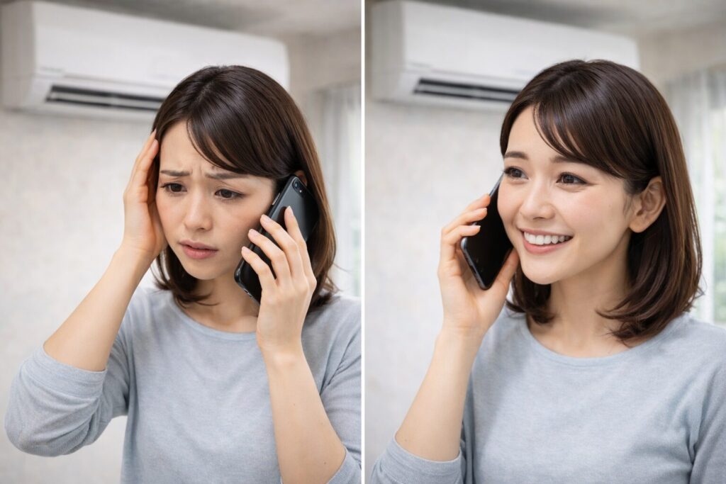 エアコンのトラブルで消費者ホットライン「188」に電話相談する日本人女性。不安から解消に向かう様子。