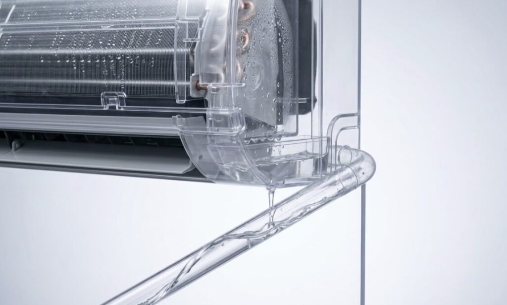 エアコン内部の結露水が重力でスムーズに流れ落ちる様子を示すドレンホースの透明モデル